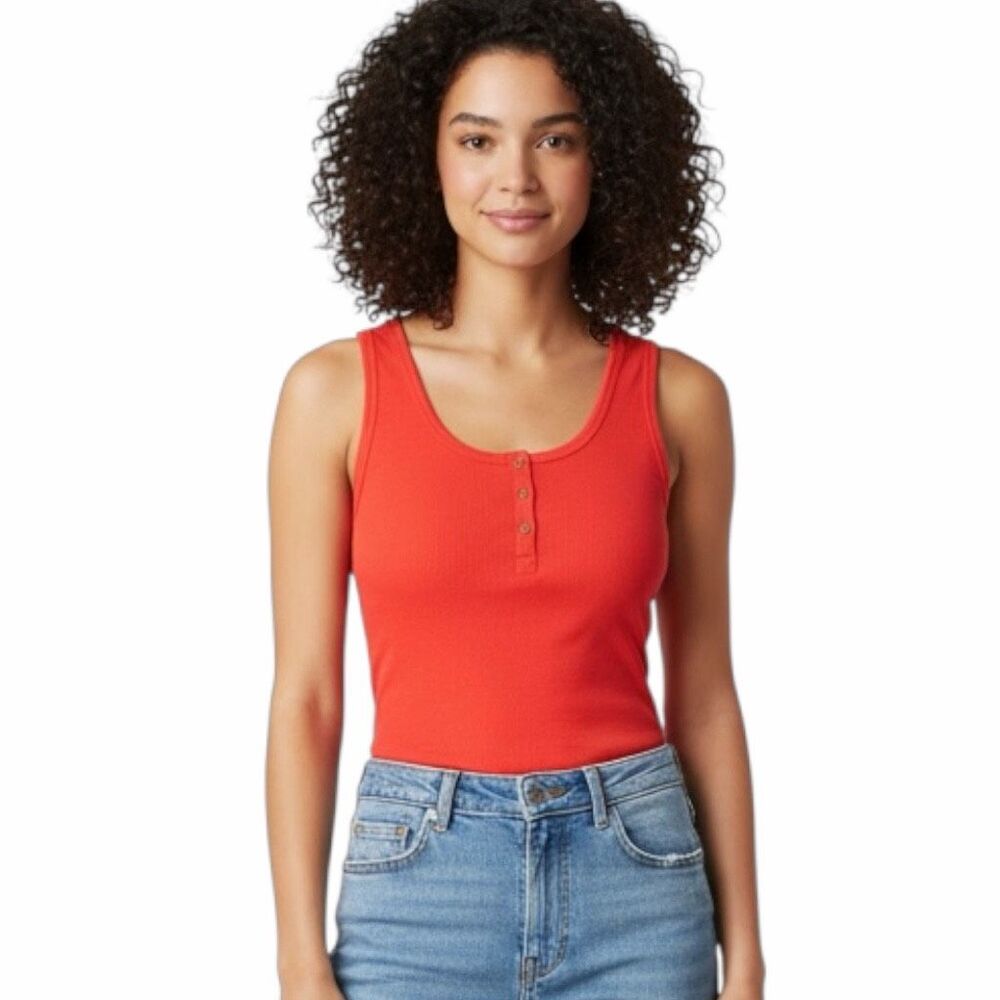 JOIE ANTHROPOLOGIE Women’s Red Orange Sleeveless Henley Rib Knit Tank Top Large